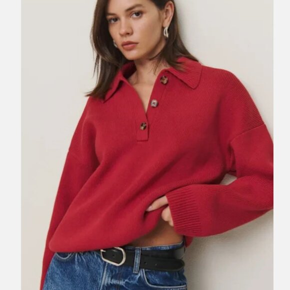 Reformation Anthropologie Brooklyn Polo Sweater Organic Cotton Sweater Red XS - Picture 1 of 10